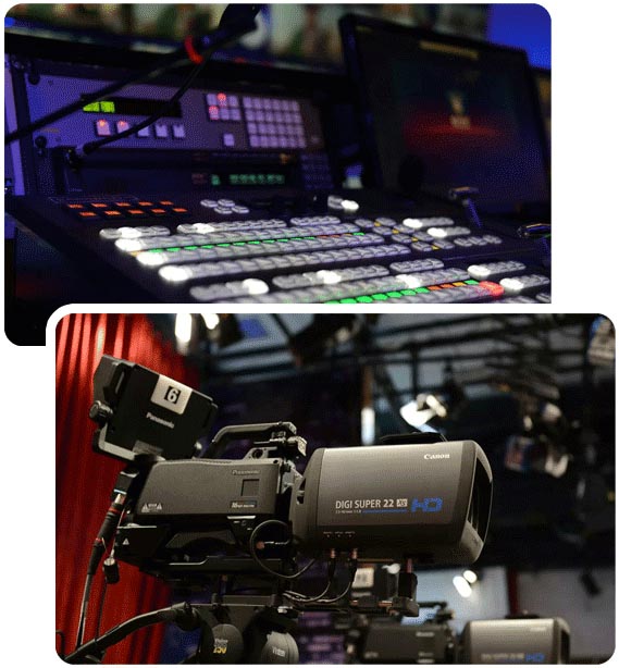 A picture of a video mixer in a studio and a 4k camcorder, used for broadcast solutions in a studio bss broadcasting service broadcast services, uae broadcast, uae broadcasting, studio